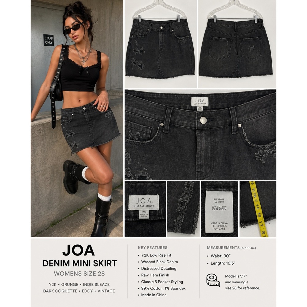 J.O.A. Just One Answer Black Distressed Denim Mini Skirt Frayed Hem Size 28